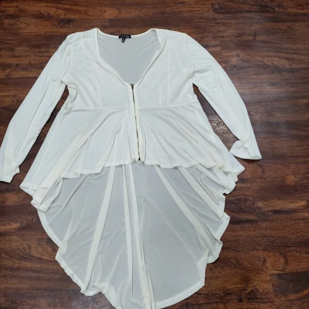 Love University Women's White Sheer Zipper Front High Low Long Sleeve Blouse 3XL - Picture 4 of 9